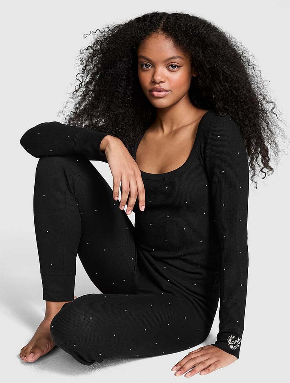 NWT Victoria's Secret Pink Diamante Thermal Long Pajama Rhinestone Set Black